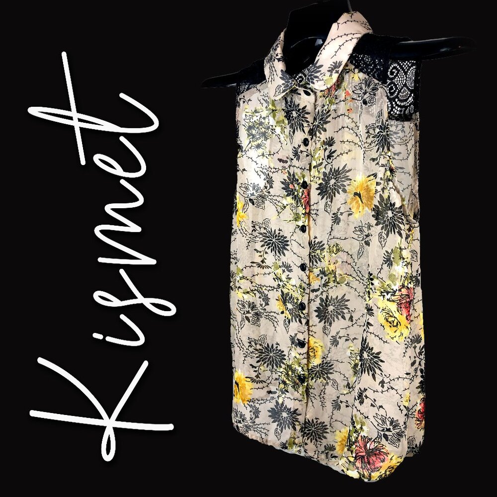 Kismet sleeveless black lace shoulders with collar semi sheer floral button down